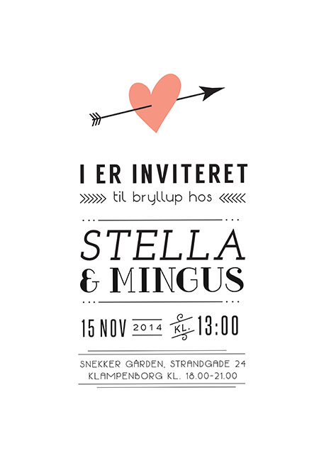 
                Klassisk invitation med et twist  og et hjerte i en smuk rød koral farve der springer ud af designet. Brug bagsiden af invitationen til flere praktiske oplysninger eller et program over bryllupsfesten. Til designet kommer også matchende elementer i form af velkomstskilt, bordoversigt, menukort, bordkort, drinkskort, takkekort mm. således I kan skabe en rød tråd for dagen.
                